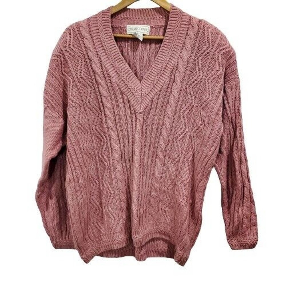 Vintage Casual Corner 80's Chunky Knit Ribbed V-Neck Pink Sweater Size Large